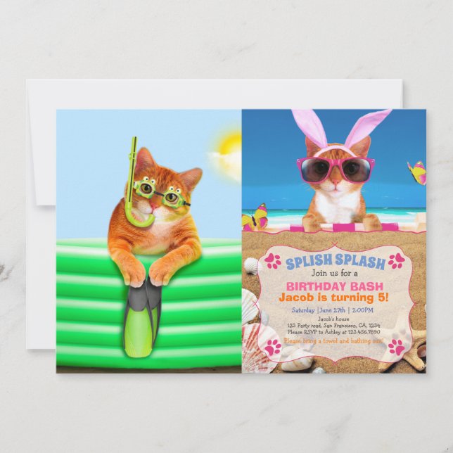 Cat diver with mask and snorkel invitation (Front)