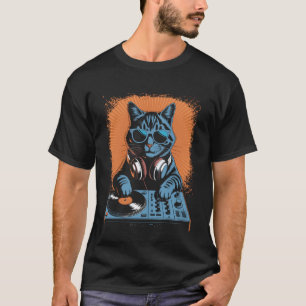 Cat Dj Headphone Turntable Vintage Music EDM Men W T-Shirt