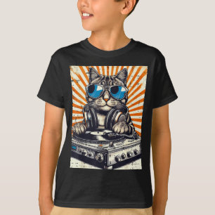 Cat Dj Headphone Turntable Vintage Music Edm Men W T-Shirt