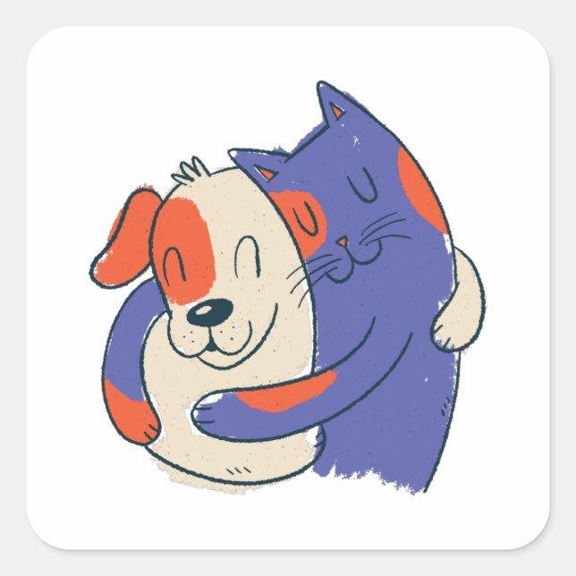 CAT DOG HUGGING SQUARE STICKER (Front)