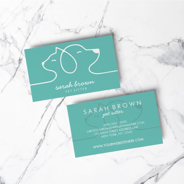Cat Dog Line Logo Petsitter Green Business Card (Cat Dog Line Logo Petsitter Green Business Card)
