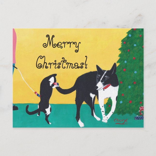 Cat Dog Playing by Tree Merry Christmas Postcards (Front)