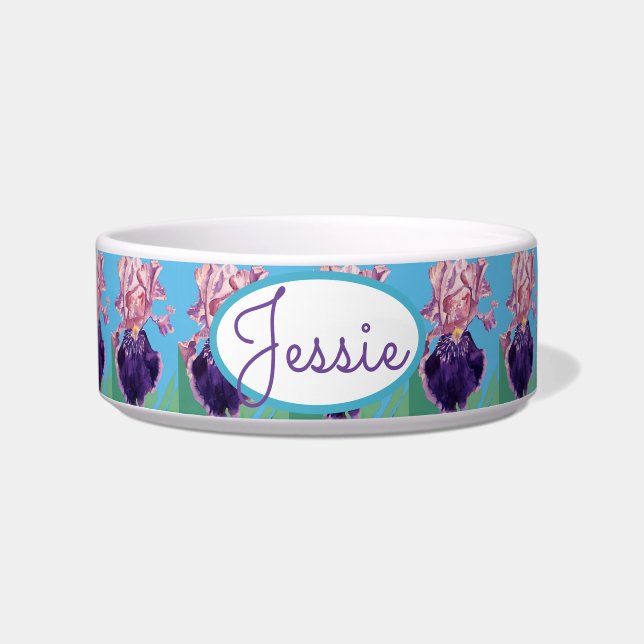 Cat Dog Shabby Floral Iris Dog Pet Name Bowl (Front)