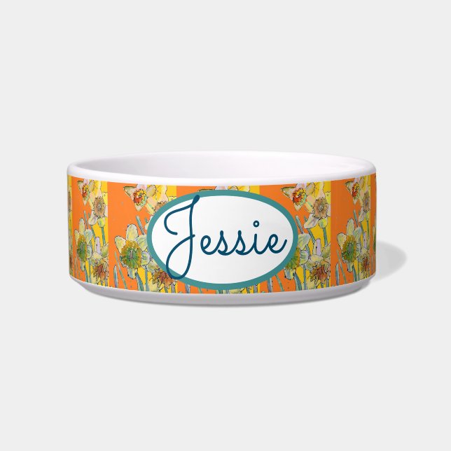 Cat Dog Shabby Floral Orange Daffodil Pet Name Bowl (Front)