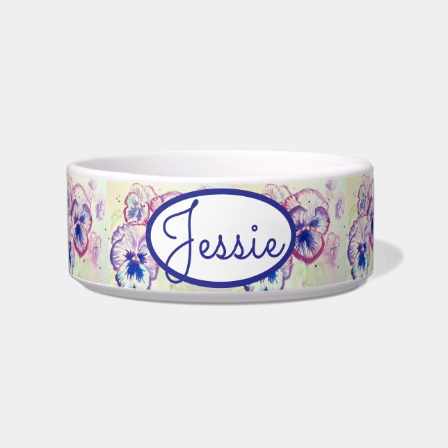 Cat Dog Shabby Floral Pansy Pansies Pet Name Bowl (Front)
