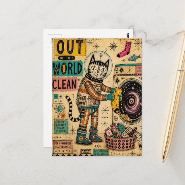 Cat Doing Laundry Collage Postcard (Front/Back In Situ)