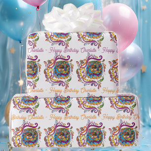 Cat Doodle Colourful Birthday Add Name Greeting Wrapping Paper
