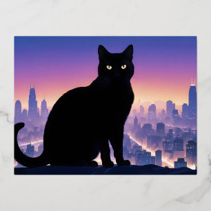 Cat Double Exposure Domestic Pet Animal City Life Foil Holiday Postcard