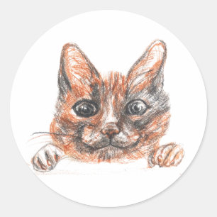 Cat Drawing Classic Round Sticker, Glossy Sticker