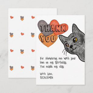 Cat Drawing Kids Birthday Party Thank You Card