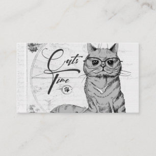 Cat drawing, old classic vintage look, light gray  business card