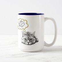Cat Dreaming Of Fish Hand Drawn Coffee Mug