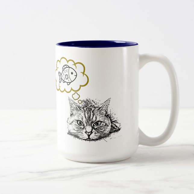 Cat Dreaming Of Fish Hand Drawn Coffee Mug (Right)