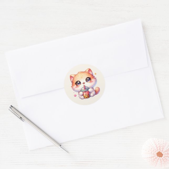 Cat Drinking Boba Cute Bubble Tea Classic Round Sticker (Envelope)