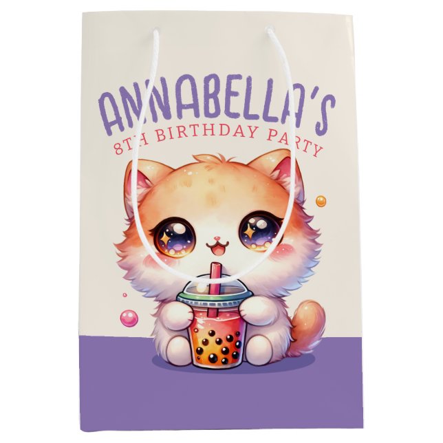 Cat Drinking Boba Cute Bubble Tea Medium Gift Bag (Front)