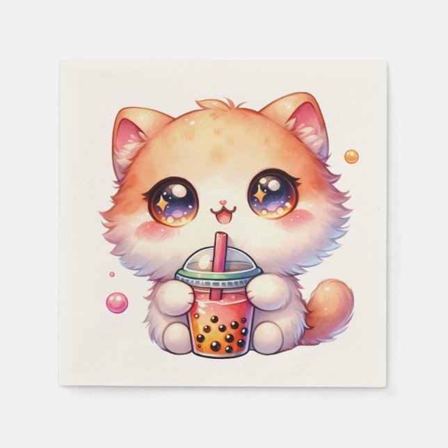 Cat Drinking Boba Cute Bubble Tea  Napkin (Front)