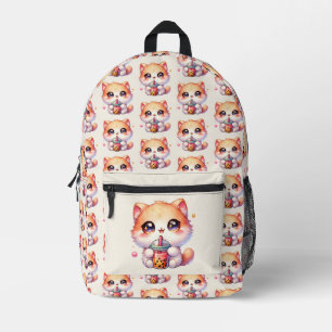 Cat Drinking Boba Cute Bubble Tea Pattern Printed Backpack