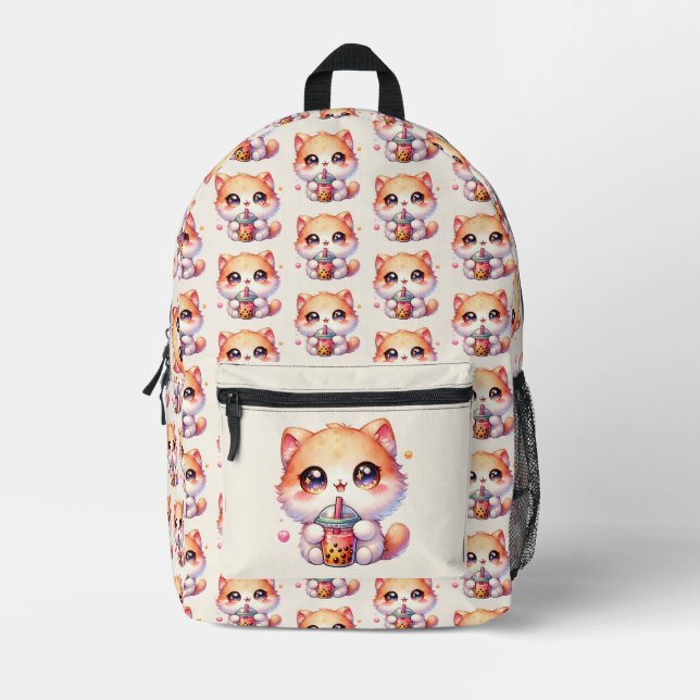 Cat Drinking Boba Cute Bubble Tea Pattern Printed Backpack (Front)