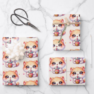 Cat Drinking Boba Cute Bubble Tea Wrapping Paper Sheet