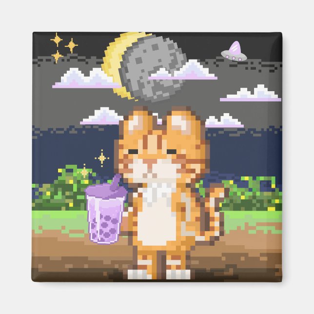 Cat Drinking Boba Tea Alien Eclipse Magnet (Front)