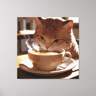 Cat drinking coffee from a cup canvas print