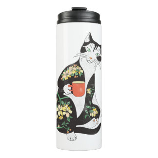 Cat Drinking Coffee With Flowers Tattoo Thermal Tumbler