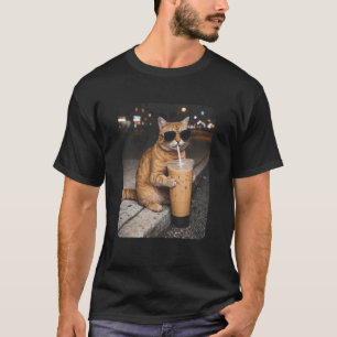 Cat Drinking Iced Coffee Funny Animal Meme Coffee T-Shirt