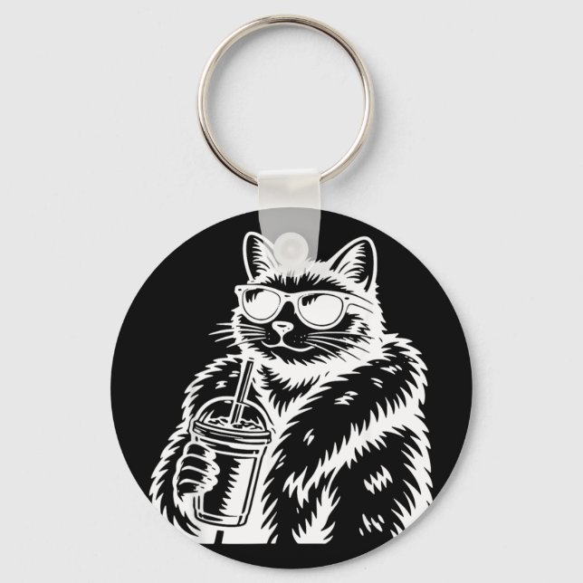 Cat Drinking Iced Coffee Funny Animal Meme Keychain (Front)