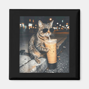 Cat Drinking Iced Coffee Funny Animal Meme Men Wom Magnet