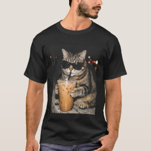 Cat Drinking Iced Coffee Funny Cat Meme T-Shirt