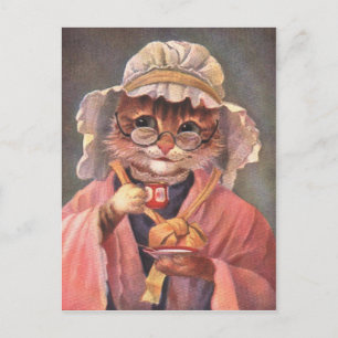 Cat Drinking Tea Vintage early 1900's Postcard