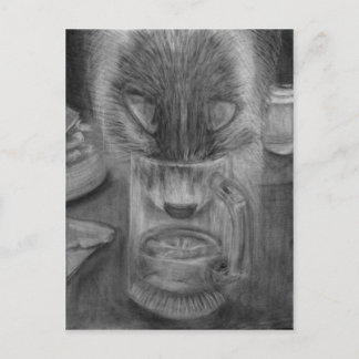 Cat Drinking Water Cute Original Charcoal Drawing Postcard