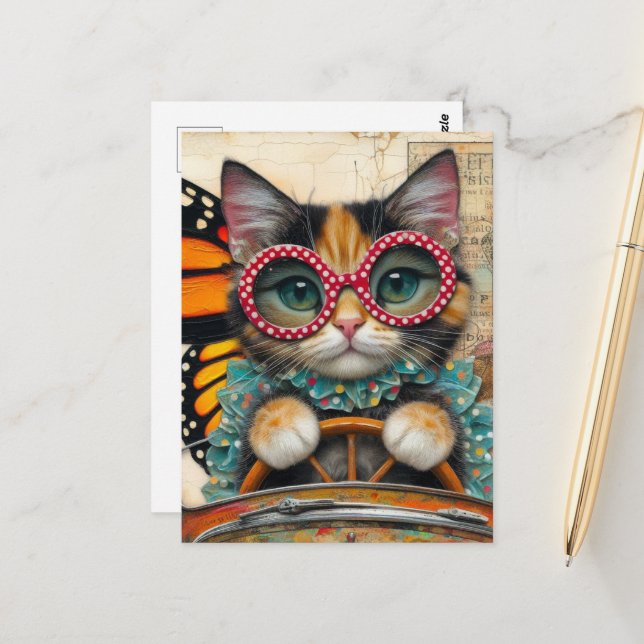 Cat Driving A Car Postcard (Front/Back In Situ)