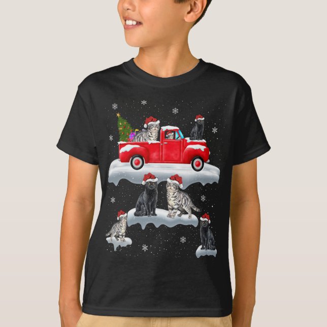 Cat Driving Christmas Tree Red Truck Cat Christmas T-Shirt (Front)