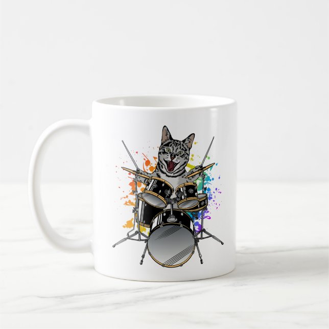 Cat Drummer Playing Drums Coffee Mug (Left)