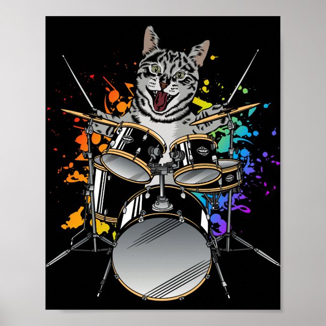 Cat Drummer Playing Drums Poster (Front)