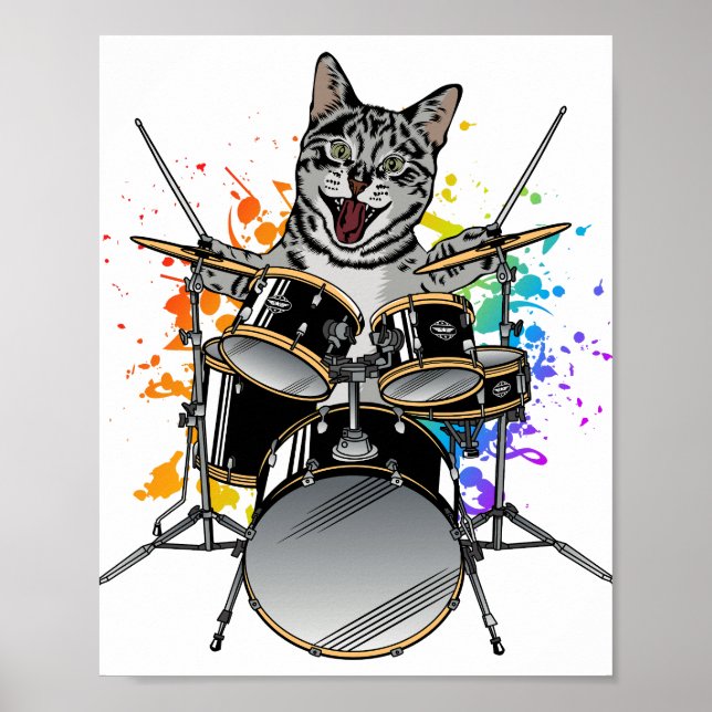 Cat Drummer Playing Drums Poster (Front)