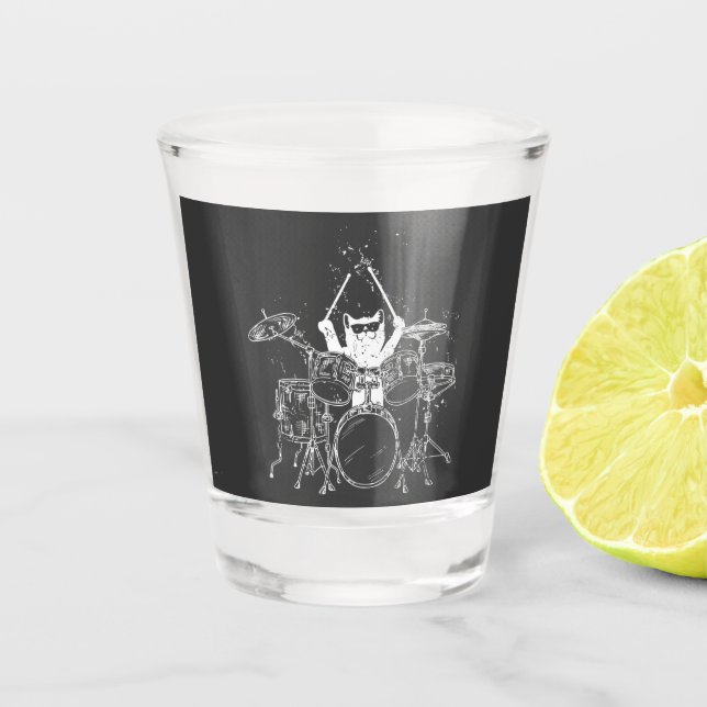 Cat Drummer Playing Drums Shot Glass (Front)