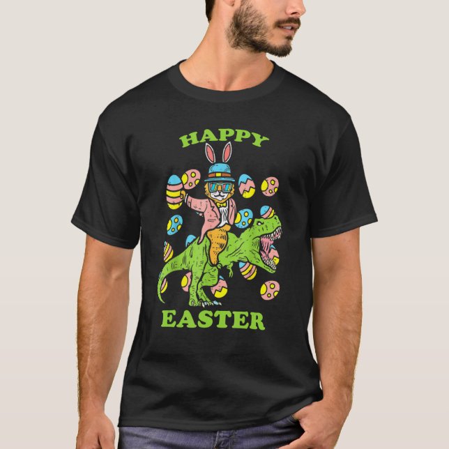 Cat Easter Bunny Riding Dino Trex Egg Hunt Dinosau T-Shirt (Front)