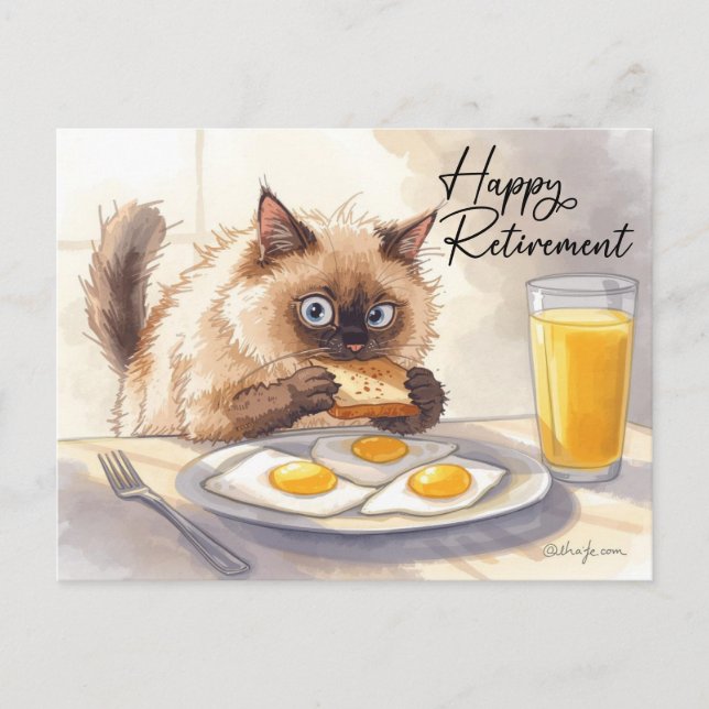 Cat eating breakfast Happy Retirement Postcard (Front)