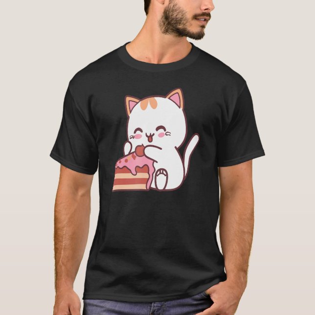 Cat Eating Delicious Cake Candy Backing T-Shirt (Front)