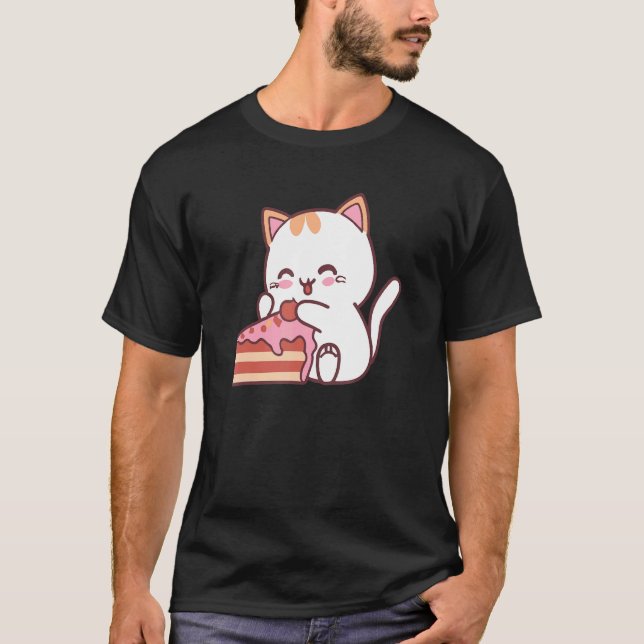 Cat Eating Delicious Cake Candy Backing T-Shirt (Front)