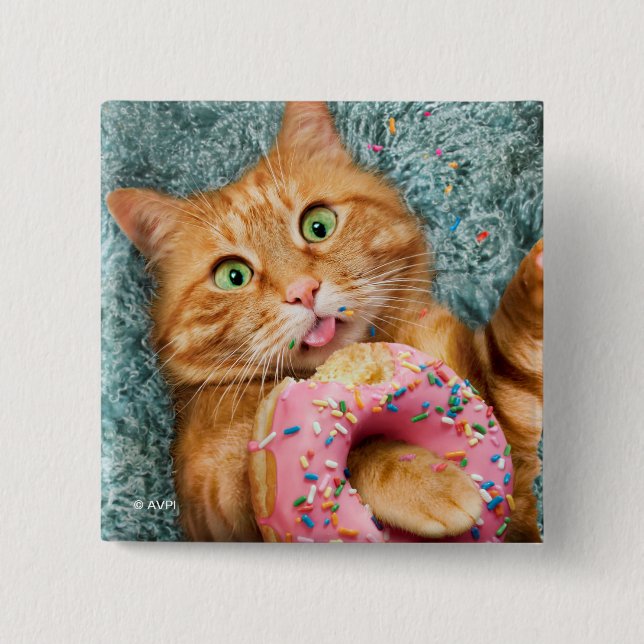 Cat Eating Donut 2 Inch Square Button (Front)