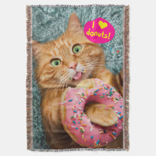 Cat Eating Donut Throw Blanket
