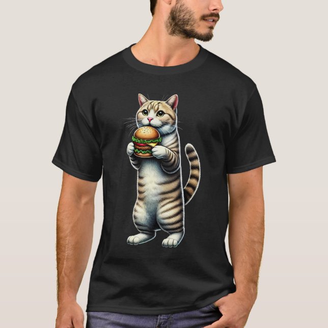 Cat Eating Hamburger Kitten Hamburger Lover T-Shirt (Front)