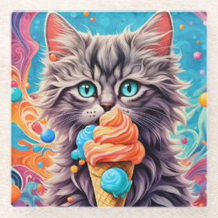 Cat Eating Ice Cream Cone Funny Kitten Cat 779 Glass Coaster