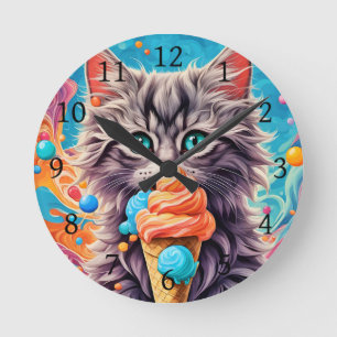 Cat Eating Ice Cream Cone Funny Kitten Cat 779 Round Clock