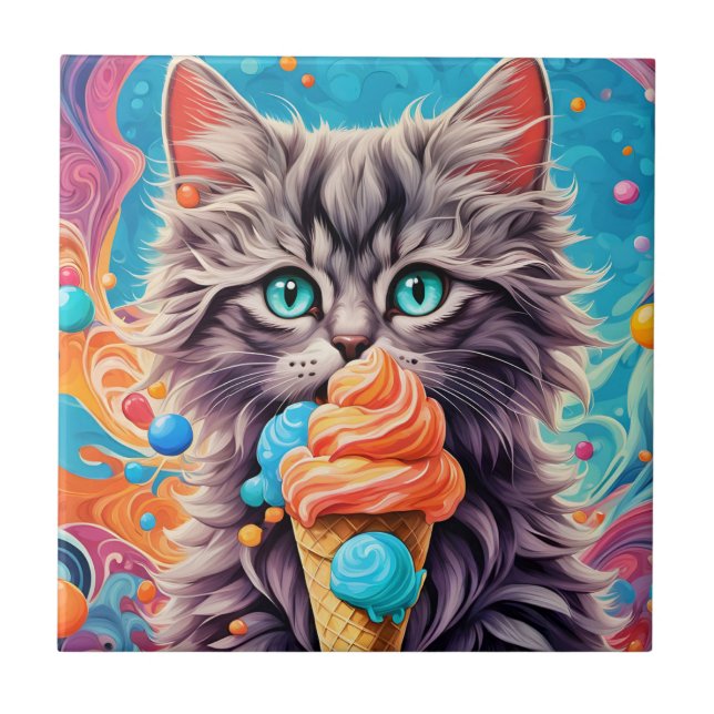 Cat Eating Ice Cream Cone Funny Kitten Cat 779 Tile (Front)