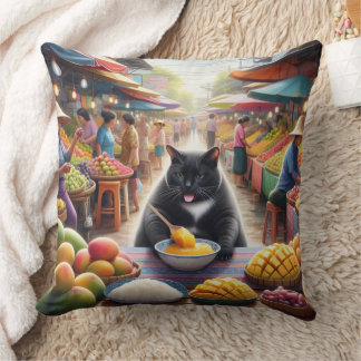 Cat eating Khawneawmamuang in Thailand Throw Pillow
