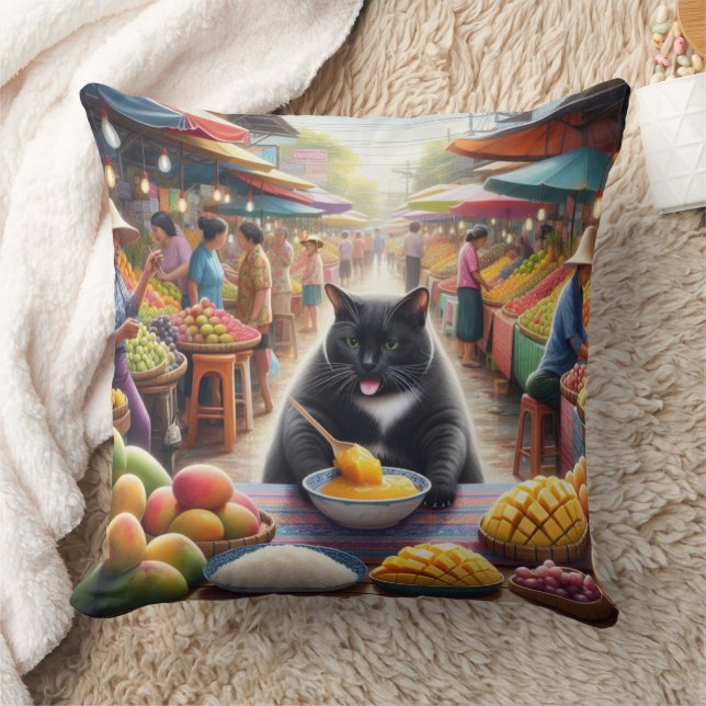 Cat eating Khawneawmamuang in Thailand Throw Pillow (Blanket)